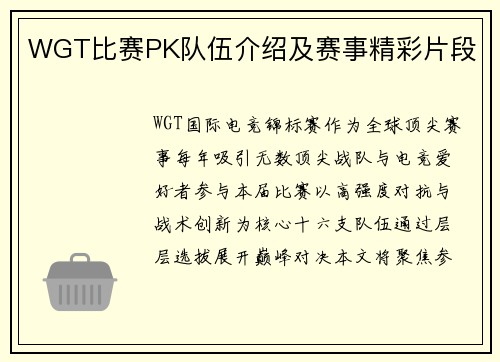 WGT比赛PK队伍介绍及赛事精彩片段